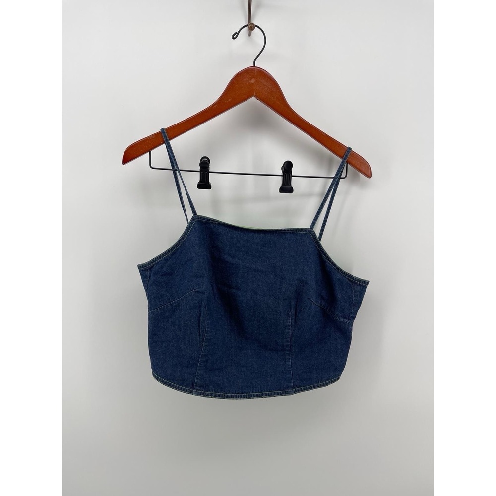 Ann Taylor Denim Crop Top Women Size S Blue Spaghetti Strap Tie Back Y2K